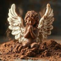 Soft Glowing Chocolate Angel with White Wings on Cocoa Powder Cloud photo