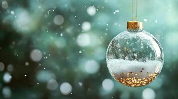 Ultra-Realistic New Years Ball with Snowflakes and Sequins on Golden String photo