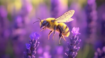 Realistic bumblebee in flight above lavender, gathering nectar from flowers. photo