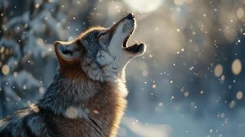 Snowy forest with wolf howling at full moon in mist. photo