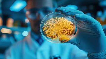 Microbiologist working in lab with petri dish, colonies, and equipment photo