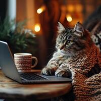 A cat typing on a laptop, cozy home office setting. photo