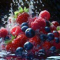 Vivid Explosion of Fresh Berries with Colorful Juice and Dramatic Lighting photo