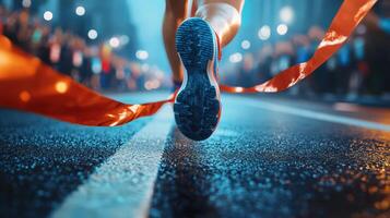 Marathon Runner Breaking Finish Line Ribbon, Athletic Energy and Cheers photo