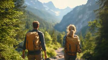 Adventurous man and woman hiking in forest, nature discovery moment. photo