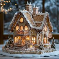 Decorative gingerbread house with glowing lights and intricate, festive details photo