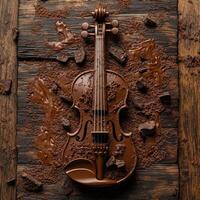 Chocolate Violin with Caramel Strings and Cocoa Powdered Wooden Surface photo