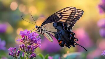 Swallowtail butterfly perched on purple flower, sipping nectar in sunlight. photo