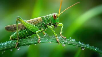 A close-up of a grasshopper with water droplets on green body. photo