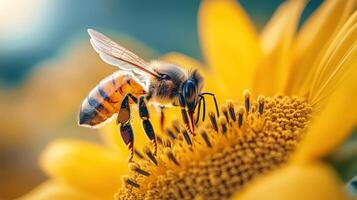 Close-up of honeybee gathering nectar from sunflower, pollen in air. photo