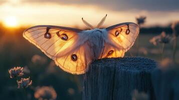 Moth with furry wings on fence, bathed in soft dusk light. photo