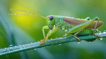 Grasshopper on grass blade, water droplets on its green body. photo