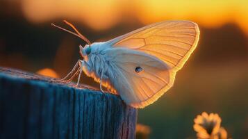 Soft winged moth on wooden fence, glowing in twilight warmth. photo