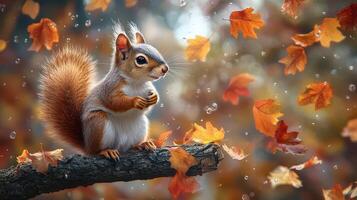 Realistic squirrel on tree branch with colorful autumn leaves falling around. photo
