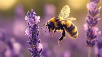 Close-up of bumblebee flying near lavender, wings blurred in action. photo
