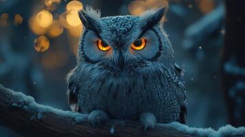 A soft-eyed owl perched in the forest, twilight glow surrounding it. photo