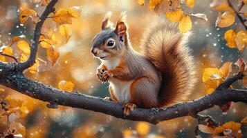 Autumn scene with curious squirrel perched on branch, colorful leaves falling. photo