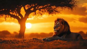 Lion resting peacefully beneath tree in savannah, golden sunset view. photo