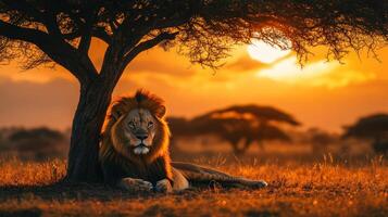 Golden sunset over savannah, lion resting under tree shade. photo