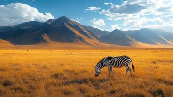 Zebra in a golden field, tall grass swaying, mountains beyond. photo