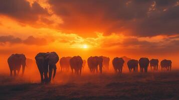 Elephants marching across a dusty plain as sunset illuminates sky. photo