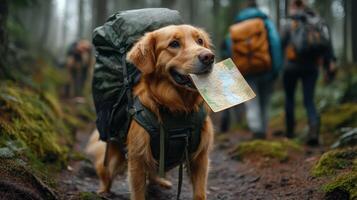 Dog with backpack hiking forest trail, carrying map in mouth. photo