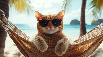 A carefree cat lounging in hammock with tropical beach behind. photo