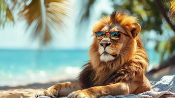 Cool lion relaxing on beach towel, ocean waves and palm trees. photo