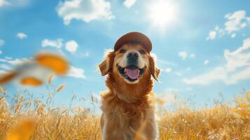 Happy dog with frisbee, wearing cap, playing fetch outside. photo