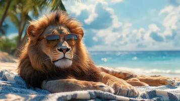 Lion wearing sunglasses, sunbathing on towel, with ocean and palm trees photo