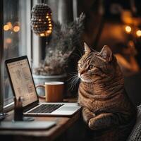 A cat sitting at a desk with coffee in home office. photo