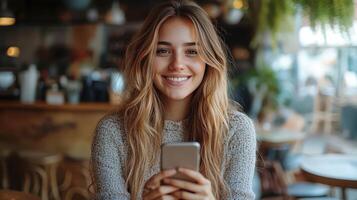 Happy woman in casual attire, smiling with phone in coffee shop photo