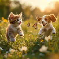 Playful puppy and curious kitten running after butterflies in green field photo