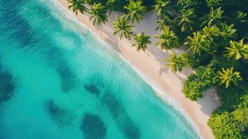 Idyllic turquoise beach with crystal-clear waves and swaying palm trees photo