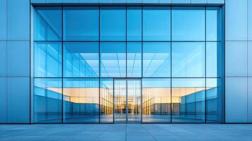 Urban architectural marvel with clean geometric lines and glass reflections photo