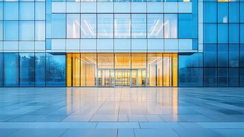 Contemporary skyscraper with minimalist aesthetics and mirrored facade details photo