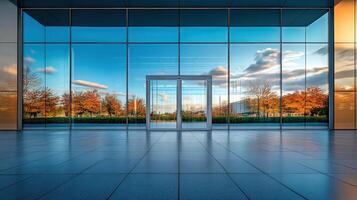 Futuristic building with geometric design and mirrored reflections in sunlight photo