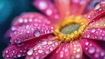 Macro shot of a colorful flower with dew drops sparkling brightly. photo