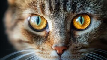 Cat's vibrant eyes and sharp focus captured in warm light. photo