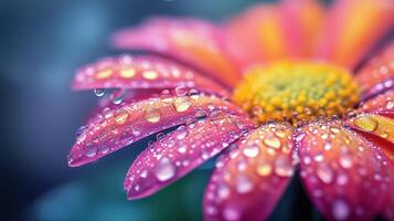 Vibrant flower in close-up with glistening water droplets on petals. photo