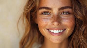 Close-up of a radiant woman with glowing skin and soft focus. photo