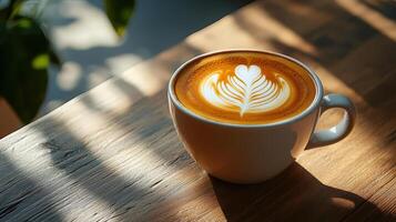 Latte art in a ceramic cup placed on a wooden table photo