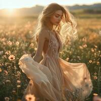 Charming fashion model in a flowing dress with wildflowers backdrop. photo