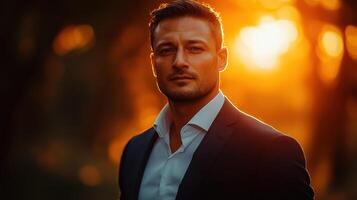 Moody lighting on a man in a suit during golden hour photo