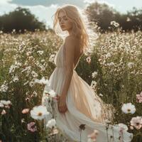 Stylish model in a beautiful flowing dress in wildflower field. photo