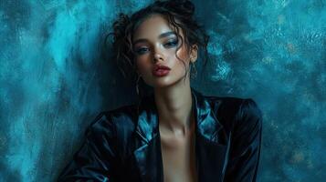 Striking high-fashion editorial showcasing a model in luxury clothing and dramatic environment photo