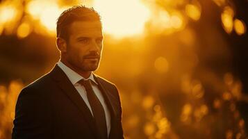 Golden hour, strong contrast portrait of a man in suit photo