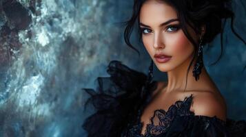Fashion-forward editorial featuring a model in luxury wear with bold, dramatic background photo