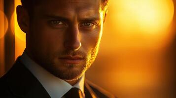 Elegant man in a suit with moody golden hour lighting photo