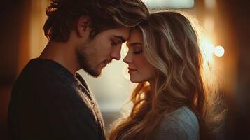 Soft-lit intimate portrait of a loving couple, romantic atmosphere photo